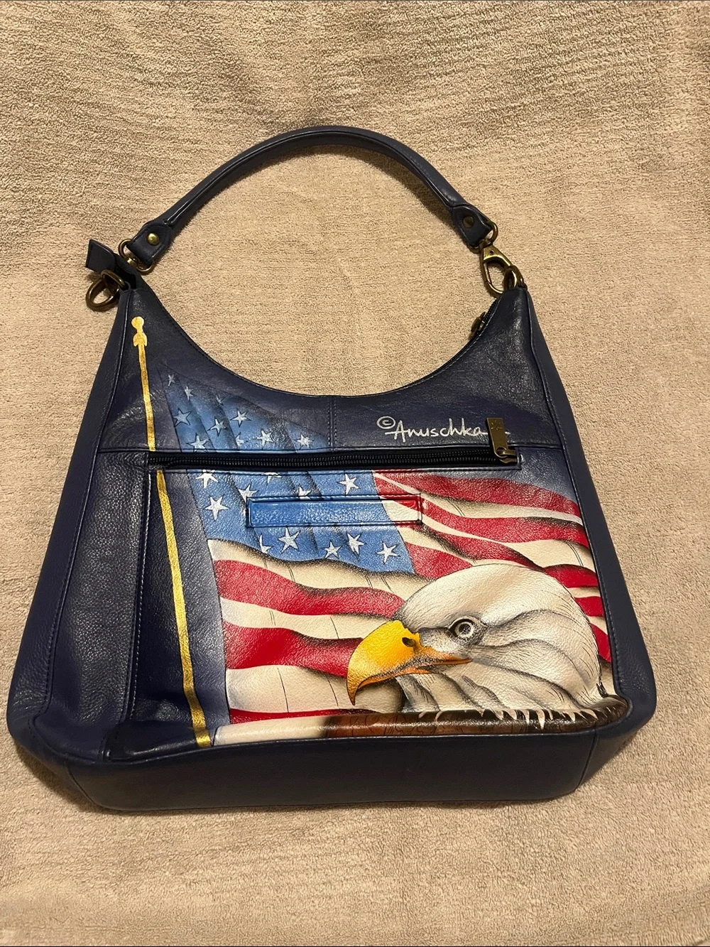 Anuschka Navy Hand-Painted Eagle & American Flag Shoulder Bag